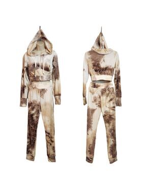 Tic Toc Tie Dye Hoodie Jogger Set Brown Beige Small